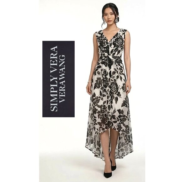 SIMPLY VERA VERA WANG - black white floral high low hem dress - Picture 1 of 10